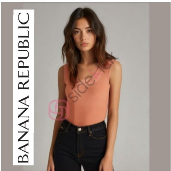 Sexy Y2K Banana Republic Top Stretchy Knit Queen Anne Neckline UNeck in Peach - Picture 1 of 16